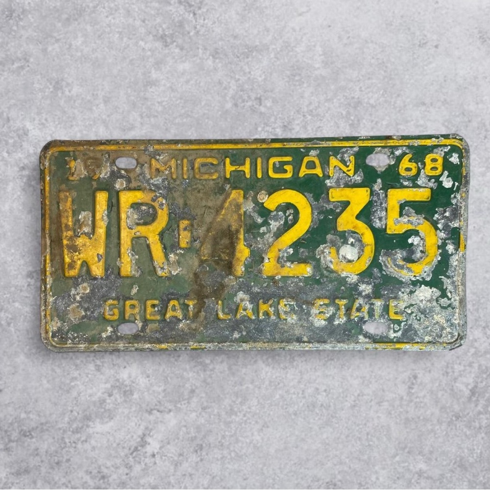 1968 Michigan License Plate WR 4235 Green Yellow Great Lake State Tag w Patina